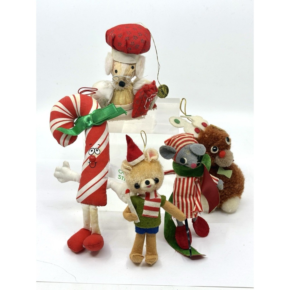 Vtg 1970s Plush Christmas Ornaments Mouse, Candy Cane, Teddy, Reindeer